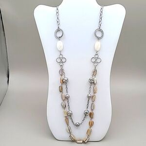 Fashion Necklace Long Silver Double Necklace, Tan & White Shiny Stones & Silver